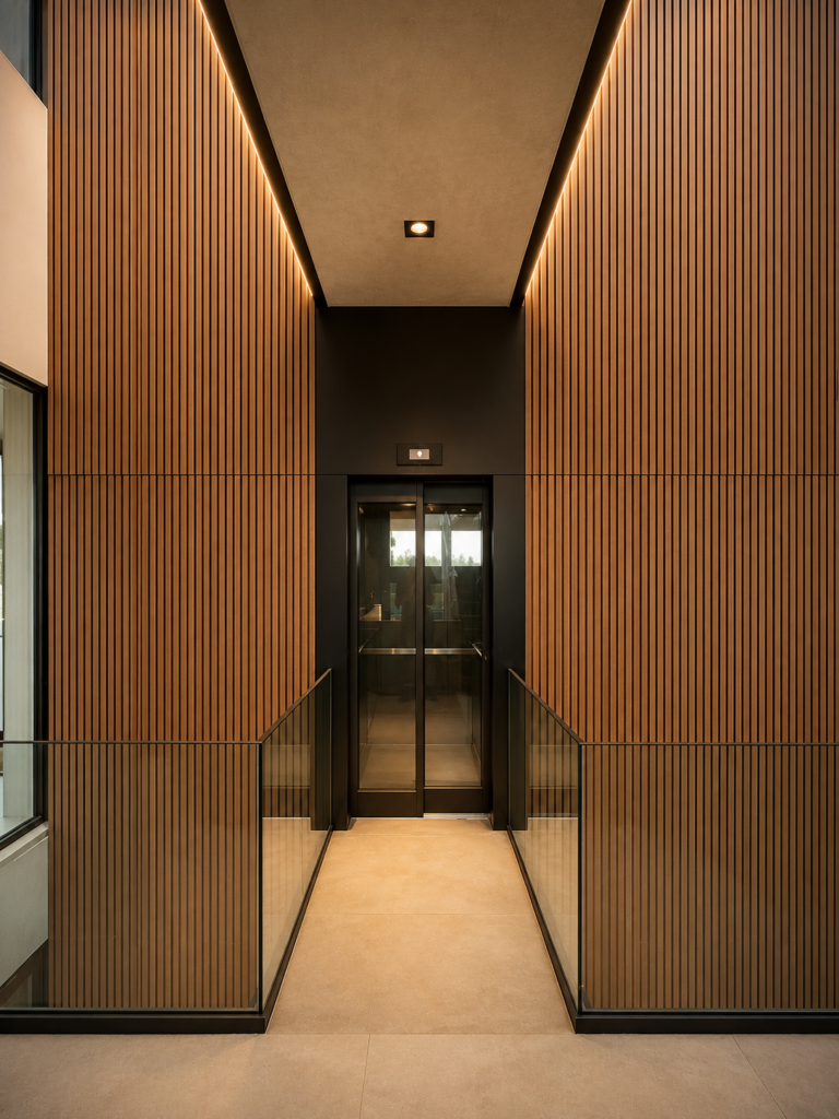 Acceso al ascensor en la planta baja de la casa El Capricho.. LY Arquitectos