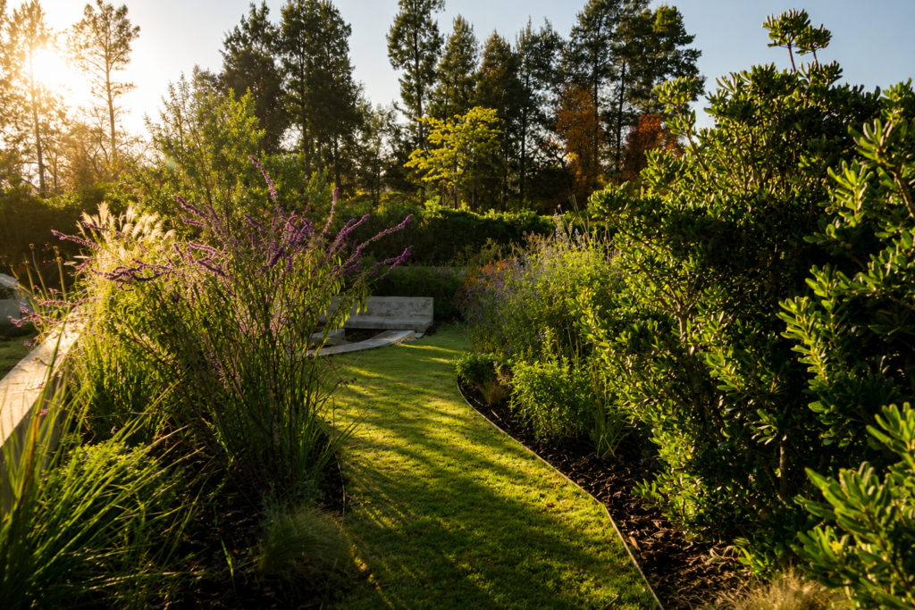 Jardines aterrazados en la casa El Capricho, Club Privado El Ombú. Proyecto Leguía Yias Arquitectos