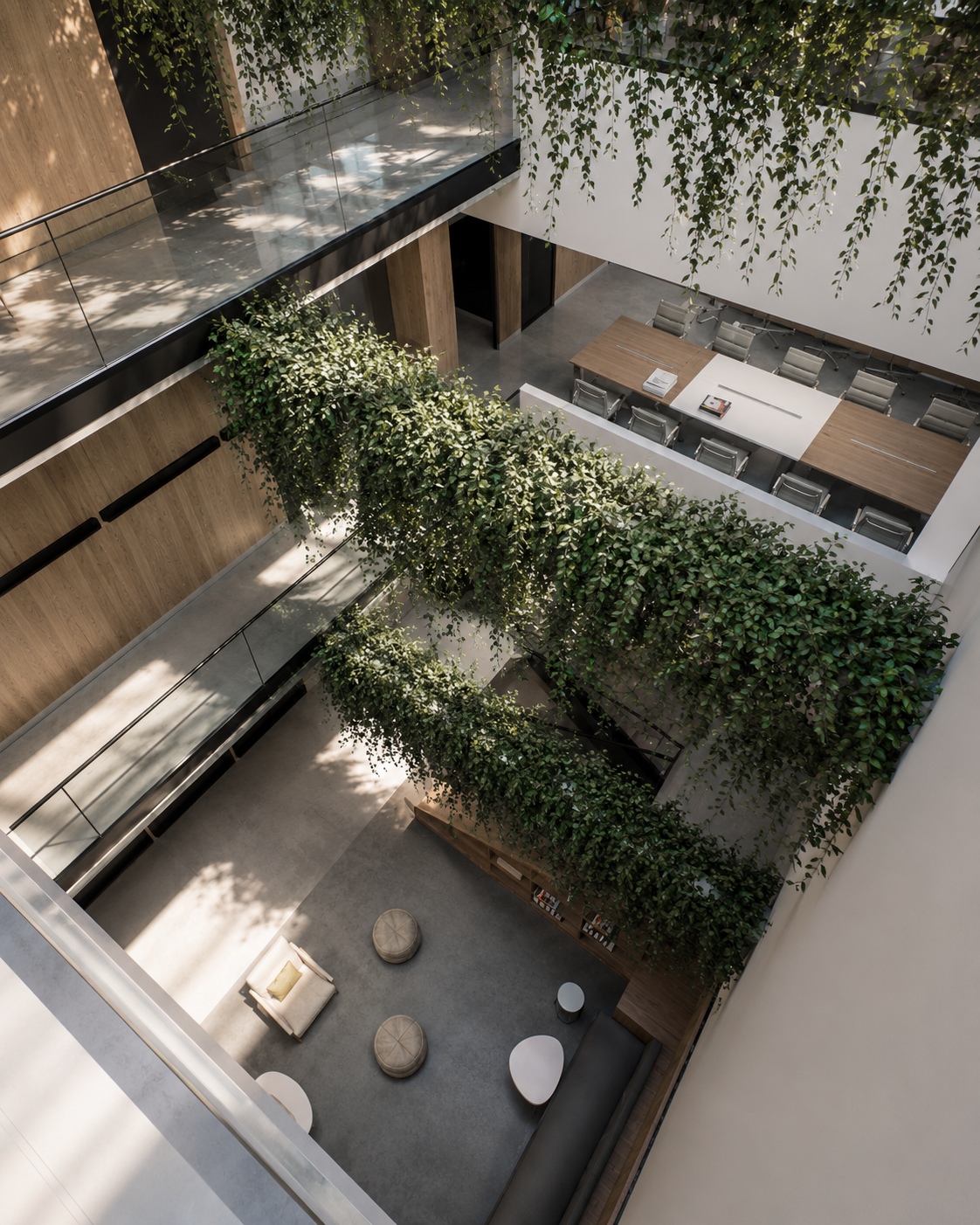 La triple altura interior en el edificio de IECS Argentina. La intervención sobre un viejo edificio industrial que le da sentido a todo el proyecto. Proyecto Leguía Yias Arquitectos