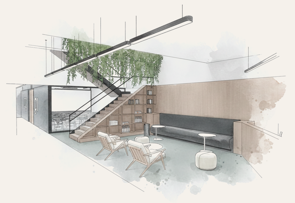 Acuarela diseño interior Hall de acceso IECS. LY Arquitectos