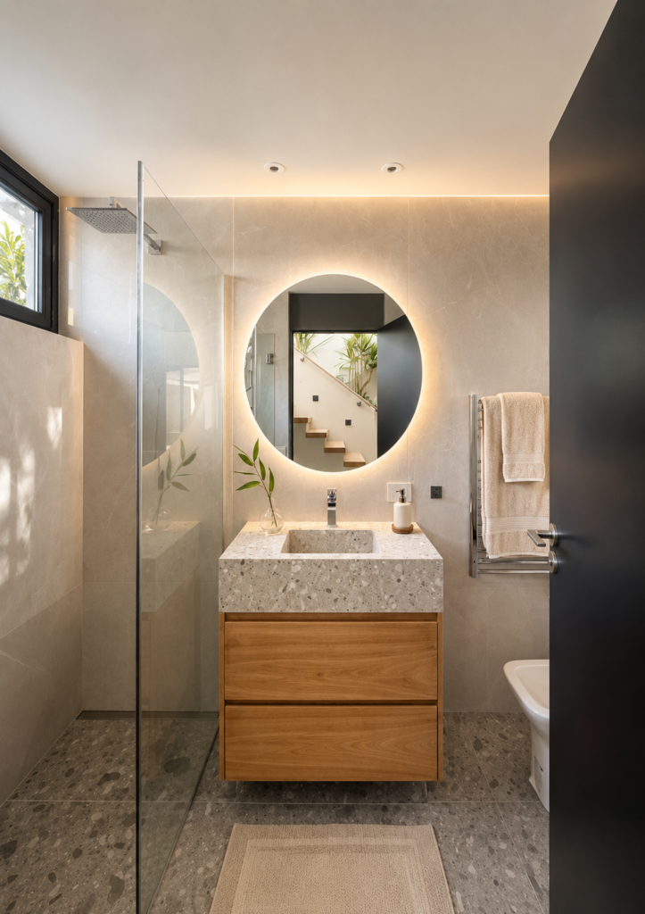 Baño invitados subsuelo en casa El Capricho. Diseño interior Arq. Elena Leguía