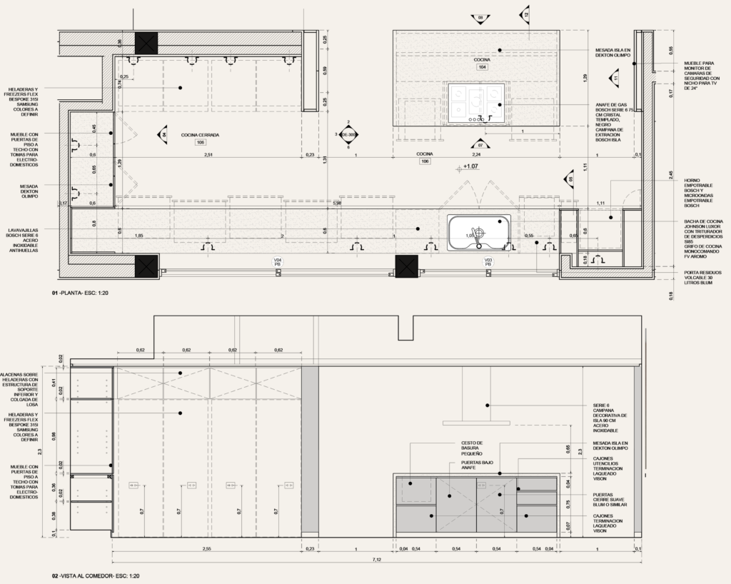 Planos del mobiliario interior de la cocina de la casa El Capricho. . Diseño interior Arq. Elena Leguía