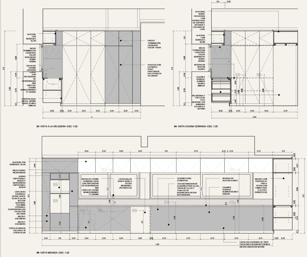 Planos del mobiliario interior de la cocina de la casa El Capricho. . Diseño interior Arq. Elena Leguía